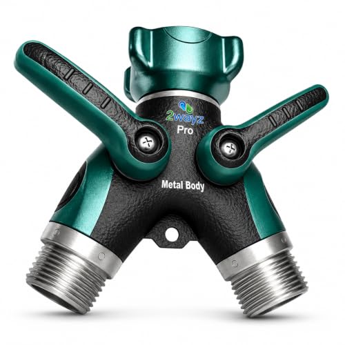 2WAYZ Hose Splitter 2 Way Heavy Duty Outdoor Faucet and Garden Connector - Water Spigot Splitter - Durable All-Metal Y Adapter with Shut-Off Valve - 4 x 4 x 1.5 Inches