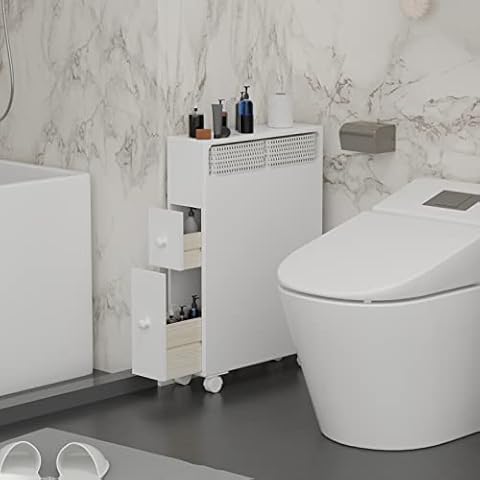 MASAKA B&W Movable Bathroom Storage Cabinet with 2 Drawers and Shelf, Toilet Paper Storage, Corner Shelves, Bathroom Furniture Sets, Side Storage Organizer Toilet Cover