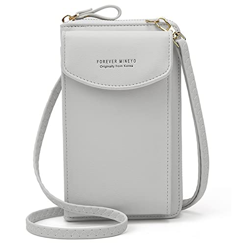 behone Handytasche zum Umhängen Damen Handy Umhängetasche mit Kartenfächer Handytasche mit Geldbörse Leder Viele Fächer Handy Schultertasche(Hellgrau) 18 x 11 x 5cm Cover