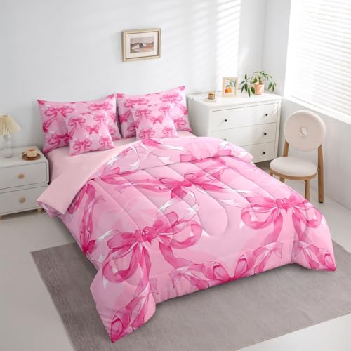 Image of Pink Bow Full Size Bed Sheets and Comforter Set | Cute Ribbon Bowknot 7 Piece Bedding Set Princess Bow Bed in a Bag, Kawaii Bow Tie Room Decor,Light Pink Room Decor Aesthetic