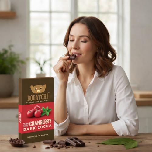 Image of BOGATCHI Premium 99% Dark Chocolate with Cranberry | Zero Sugar Luxury Dark Chocolate Bar | Real Cocoa Intense Rich Taste | Healthy Guilt-Free Snack | Antioxidant Rich Chocolate, 60g Pack