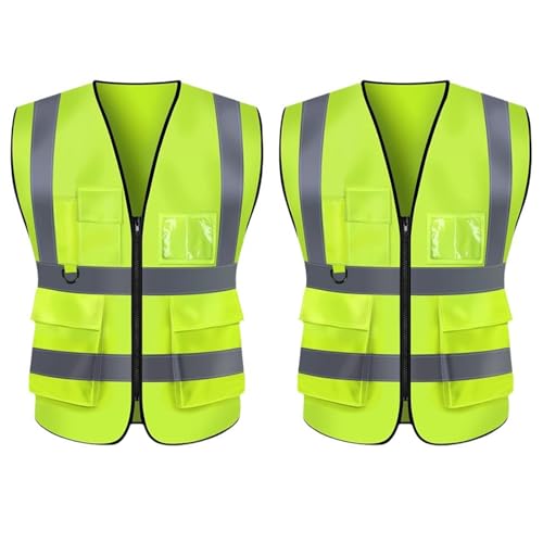 2 Pcs Hi Vis Vests for Women Men, Multi-Pockets High Visibility Vest, Reflective Safety Security Vest with Zipper, Widen Reflective Strip Yellow Security Jacket
