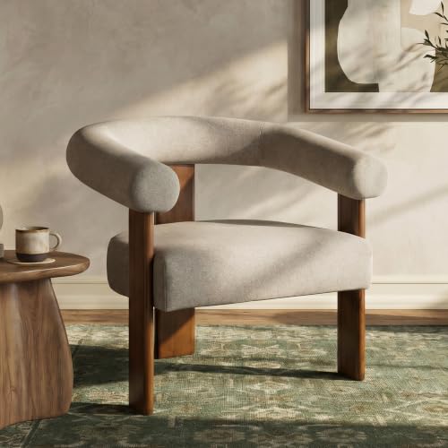 VKNOW Barrel Accent Chair, Vanity Chair with Armrests and Walnut Wood Legs | Mid Century Modern Upholstered Living Room Chairs with Open Back, Faux Mohair Fabric, for Living Room, Bedroom, Brown