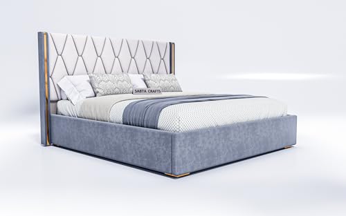 Image of Acacia Modern Upholstered Queen Size Bed with Hydraulic Storage for Bedroom | Wooden Double Beds for Home & Hotels | Platform Cot Bed with Upholstery Fabric, 6.5 x 5 Ft, Sheesham Wood, White-Grey
