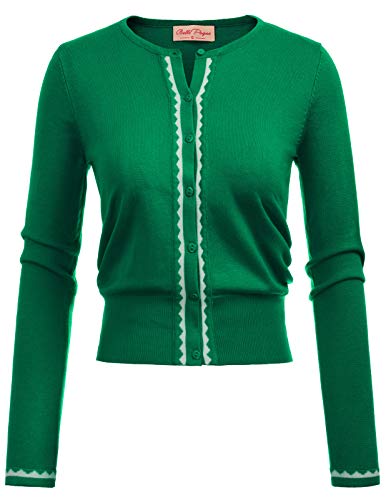 Women's Green Cardigan Sweater Color Block Long Sleeve Crew Neck Knit Cardigan Trendy Cropped Cardigan Shrug, XL