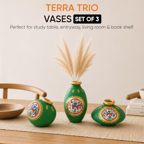 Image of Aakriti Art Creations Terra Trio Handpainted Vase Set of 3 | Warli Art Terracotta Vases in Green | Matte Finish Decorative Vases for Living Room, Table Decor & Gifting
