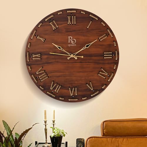 Image of Wooden Round Shape Roman Dial Wall Clock with Golden Hands & Golden Jute Rope Detailing | Silent Quartz Movement Anti Reflection Analog Vintage Clock for Home & Office (Brown, 15.5 Inch)