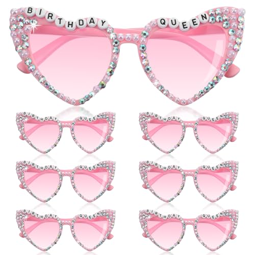 Grevosea 7 Pack Heart Sunglasses, Pink Heart Birthday Squad Glasses with Diamond Rhinestone Shaped SunGlasses Letter Birthday Queen Glasses Party Favors for Women
