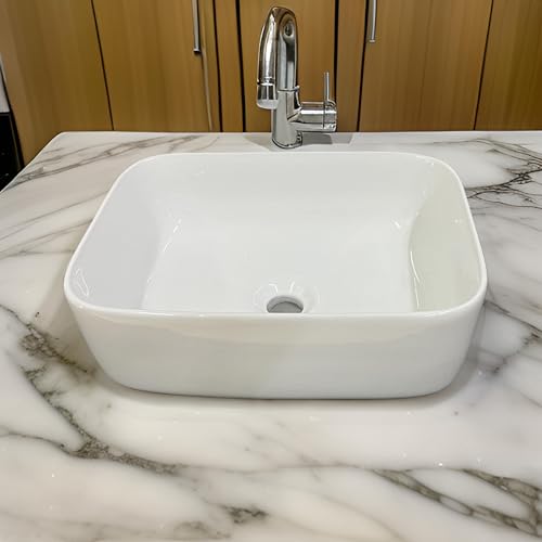 Image of SEA SHORE White Imported Ceramic Table Top Wash Basin - Slim Rim Vessel Sink for Bathroom & Living Room | 41 x 31 x 15 cm (Koshi White)