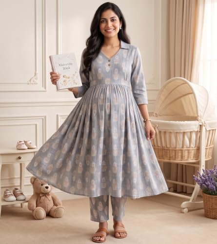 Image of DUMMY SHAPE Maternity Dresses for Women Cotton | Floral Kurta Pant Dupatta Set with Nursing Zippers, Side Pocket | Pre & Post Pregnancy | Feeding Kurti Suit | Baby Shower | Gifts for Pregnant Woman