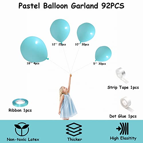 Image of Pastel Teal Blue Balloons Garland Kit 92pcs Mint Blue Latex Balloon 5 /10 /12 /18inch Helium Balloons for Birthday Party Decorations Baby Shower Wedding