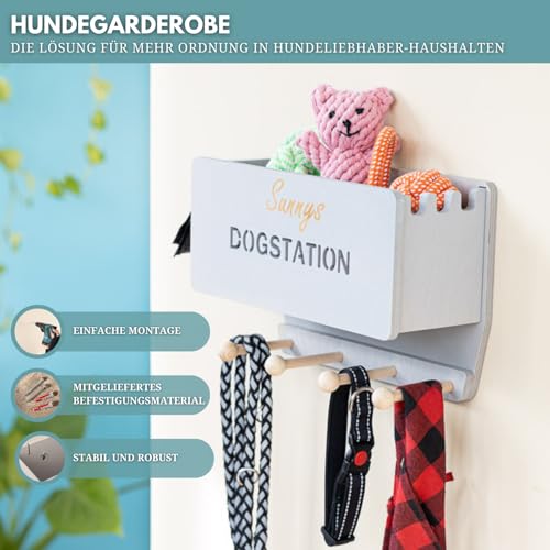 INEXTERIOR Hundegarderobe CLASSIC aus Holz - personalisierbar - in Deutschland handgefertigt - Aufbewahrung für Hundeleinen (Grau, Schriftzug Dogstation + Name)