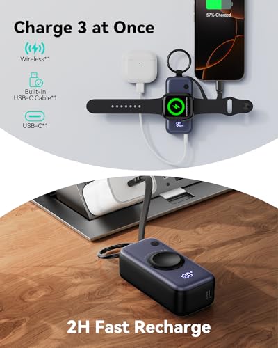 Image of INIU 3-in-1 Portable Charger, 5000mAh Power Bank with Watch Charger & Built-in Cable, Compact 20W Fast Charging Battery Pack, Key Chain & Travel Essential for iPhone 16 15, Apple Watch, AirPods, etc