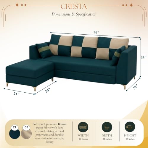 Image of FURNY Signature Cresta 4-Seater L-Shape Sofa Set with Movable Ottoman | Flexible LHS /RHS Layout | Boston Fabric | 40D Foam + Zigzag Spring | 3-Yr Warranty (Ocean Teal-Beige)