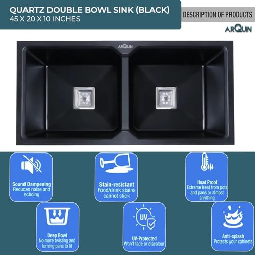 Image of ARQUIN Double Bowl Quartz Kitchen Sink 45x20x9 Inch Black | Durable & Scratch-Resistant Sink | Undermount,Topmount | Including Coupling,Sink Connector,Waste Pipe & Fruit Washing Basket