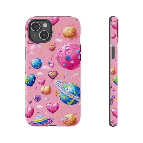 Coque rigide brillante iPhone 15 Plus pixel art motif cœurs planètes antichoc
