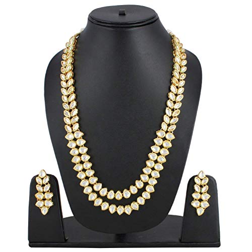 Image of I Jewels Gold And Silver Plated Traditional 2 Layered Long Kundan Studded Necklace Jewellery Set with Earrings for Women And Girls (IJ363)