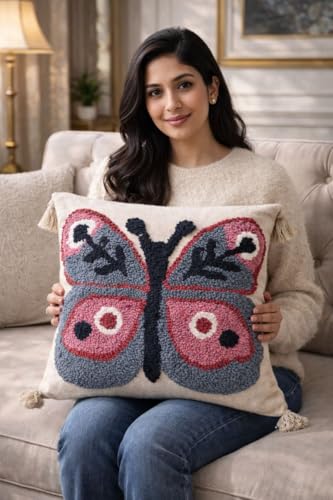 Image of Hand Tufted Cotton Cushion Cover with Butterfly Design and Tassels, Textured Throw Pillow Case for Sofa, Couch, Bed, Boho Farmhouse Home Decor, 16x16 Inch, Pack of 1
