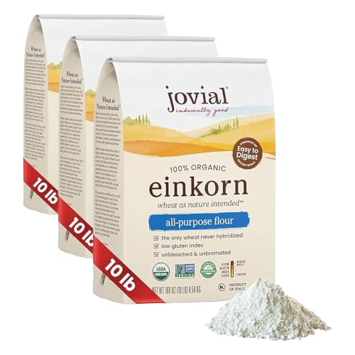 Image of Jovial Organic Einkorn Unbleached All Purpose Flour - Bread Baking Flour for Sourdough, High Protein, Non-GMO, Organic Pizza & Pasta, European Italian, Glyphosate Free - 10 Lb (Pack of 3)