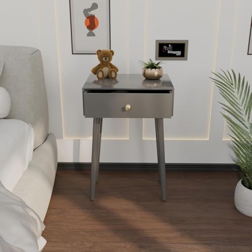 Image of Device Bas with BROWN ART SHOPPEE Nightstands Side Table with Drawer and Solid Wood Legs, Bedside Table for Bedrooms, Century Modern Drawer Storage Cabinet for Living Room Furniture (Grey.)