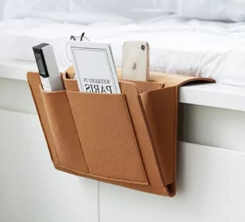 OTISTORES Felt Bedside Pocket Caddy Bed Organizer With 5 Pockets And Charging Cable Hole For Organizing Tablet Hanging Storage Organizer (Brown)