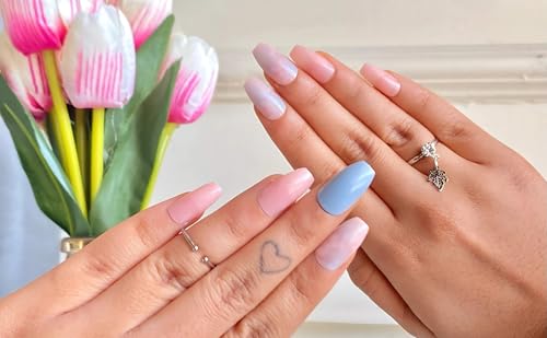 Image of 24 Pcs Reusable Artificial Nails Fake Nails with Glue and Kit| Blue Marble Reflective smooth top coat Press On Nails | ABS Material UV Protected Long Lasting Finish | Reusable Customizable Nail Kit |Medium Square Nails (White - Long Almond)