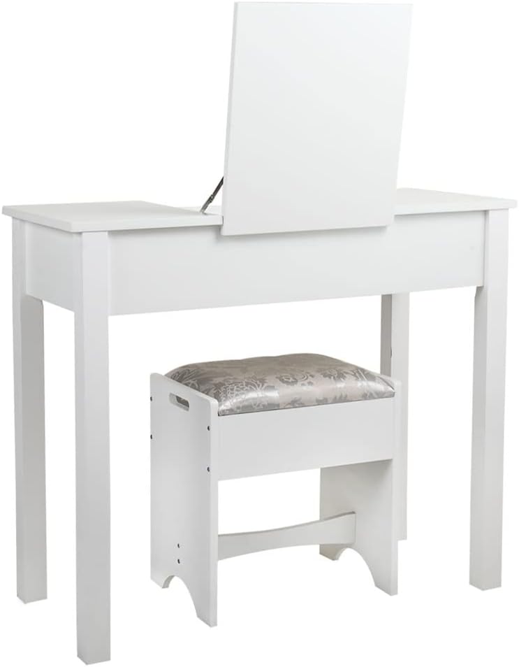 Dresser with Flip Mirror Makeup Dresser with 2 Drawers 3 Storage Organizer Dividers Upholstered Stool White