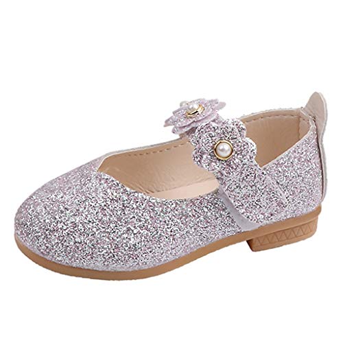 iYBWZH Baby Mary Jane Dancing Shoes Flower Pearl Sequin Bling Girls Princess Shoes Flat Non-Slip Single Shoes Kids Students School Shoes Solid Dance Uniform Dress Shoes (Sliver,CN-35/9.5-10Years)