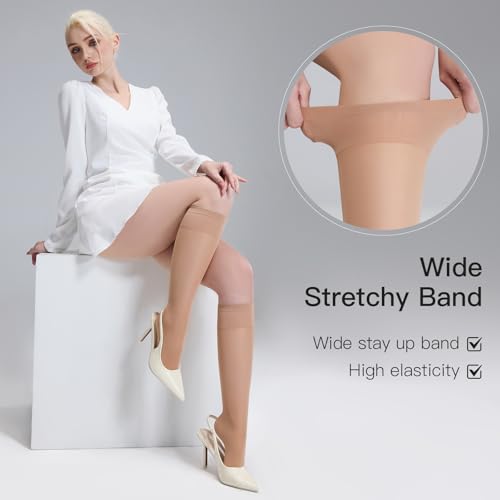 Yilanmy 3 Paar Kniestrümpfe Damen Nylonstrümpfe 40 DEN Kompression Pop Socken,Natur