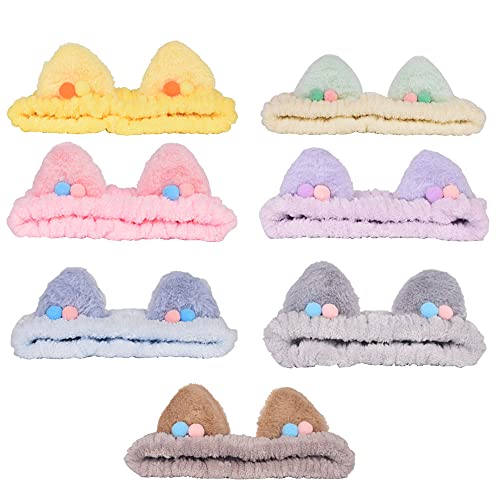 LifeDawn Spa Headband for Women,7 Pack Cat Ears Headband Facial Makeup Headband Coral Fleece Cosmetic Headband Wash Face Headband Adjustable Headband for Girls and Women