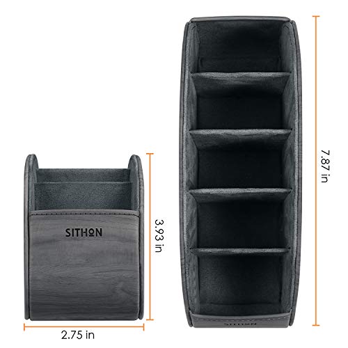 Image of SITHON Remote Control Holder with 5 Compartments - PU Leather Remote Caddy Desktop Organizer Store TV, DVD, Blu-Ray, Media Player, Heater Controllers, Woodgrain Gray