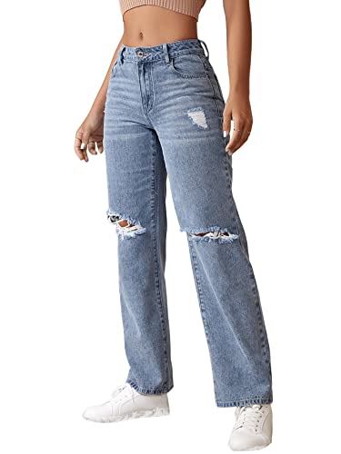 SweatyRocks Women's Straight Wide Leg High Waisted Jeans Ripped Distressed Cut Out Denim Pants