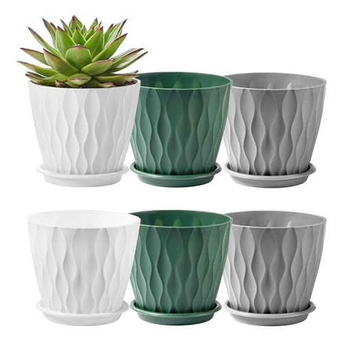 FaithLand 6-Pack 6-Inch Plastic Plant Pots with Saucers | Thickened PP Material, Modern Wave Texture, Enhanced Drainage for Indoor/Outdoor Garden Plants | Tricolor Value Set