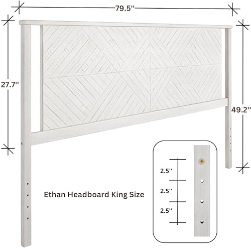 Image of Bme Ethan Diamond King Size Headboard ONLY, Rustic and Scandinavian Style, Solid Acacia Wood, Easy Assembly, King Size Headboard Option Available, Classic Design for Bedrooms, Rustic White