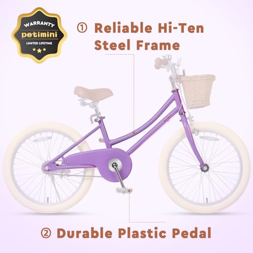 Image of Petimini Vintage Kids Bike for Girls, 12-20 Inch Classic Bicycle with Wicker Basket & Bell, High Tensile Steel Frame, Training Wheels (12-18 inch), 85% Pre-Assembled, Retro Bike for Outdoor Riding
