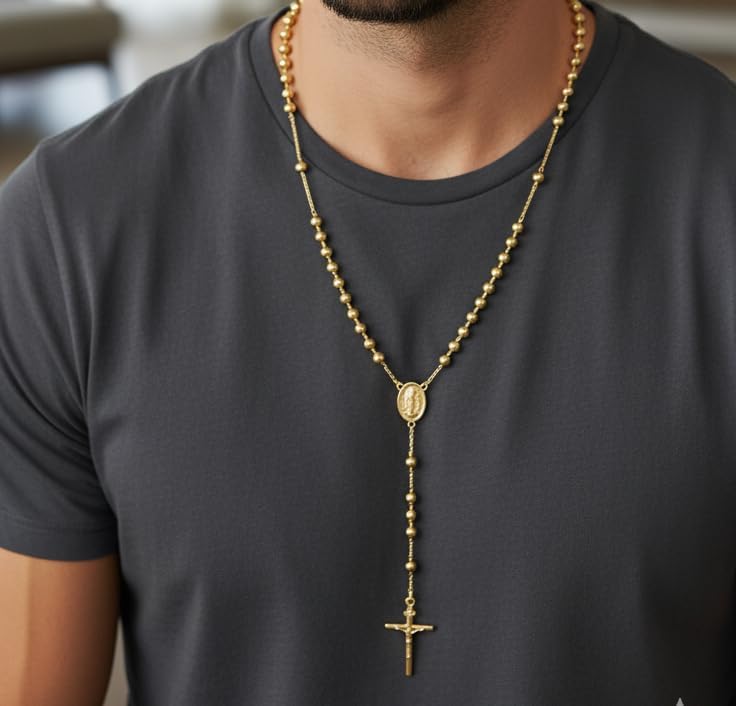 Catholic Rosary Pray Beads Necklace with Virgin Mary Medallion Cross Crucifix 14k Gold Plated Rosaries For Men and Women Communion Rosary Chain Rosarios Catolicos Medalla de Virgen de Guadalupe Oro Laminado - Image 3