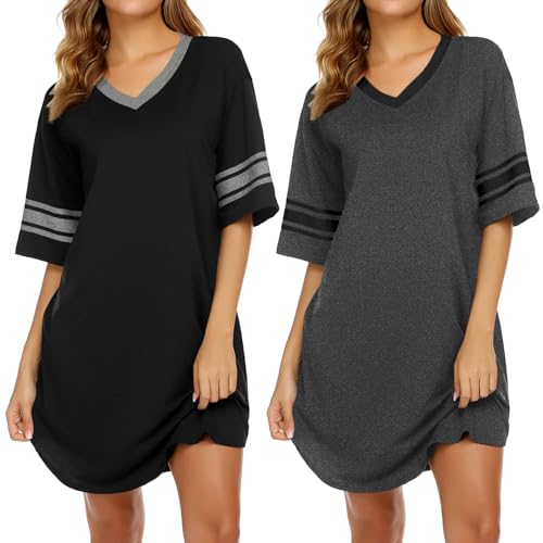 Ekouaer Nightgowns for Women 2 Pack Sleepshirts Short Sleeve Nightshirt V Neck Sleepwear Casual Pajama Dress