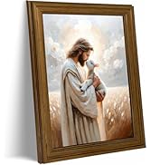 Jesus Christ Holding Lamb in Wheat Field Wall Art, Vintage Gold Framed Christian Painting, Religi...