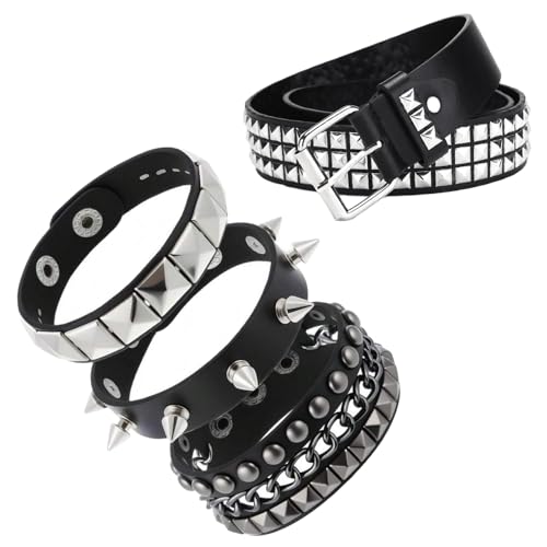 RPHONGHONG Y2K Ceinture à rivets unisexe avec 3 bracelets cloutés en cuir PU à paillettes Ensemble d'accessoires punk gothique rock pour fête, concert,...