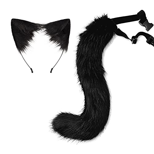 Moyubath Cat Ears Headband Wolf Fox Tail Set Handmade Animal Cosplay Costume Faux Fur Headdress Party Accessories (Black)