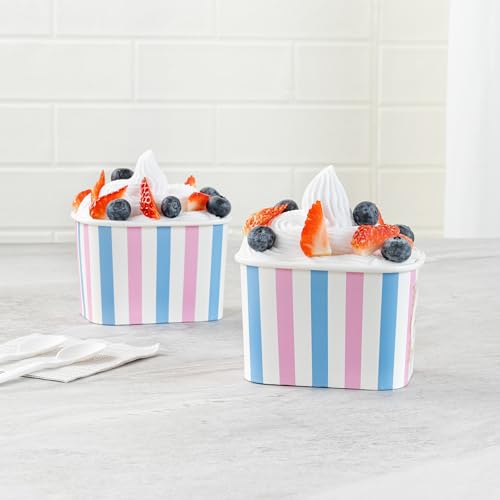 Image of Restaurantware Paper Cups 50 Count 12 Ounce Square Disposable Ice Cream Containers, Leak-Resistant Paper Dessert To Go Cups, Hot And Cold Food, Durable Pink And Blue Stripe Design