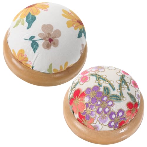 2 Packs Round Pin Cushion Wooden Base Needle Pincushions Cute Japanese Style Pin Cushions Floral Style Needle Holders Pincushion for DIY Crafts Daily Hand Sewing or Quilting