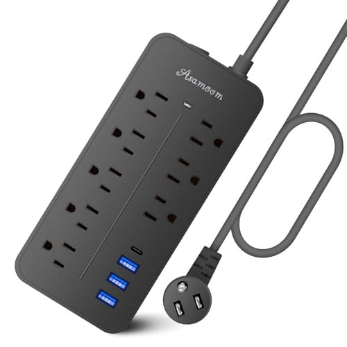 Regleta protectora contra sobretensiones con enchufe plano de 25 pies - 8 tomas y 3 puertos USB (A y C), regleta extensible montable en pared para oficina en casa - Negro - Certificación ETL miniatura 1