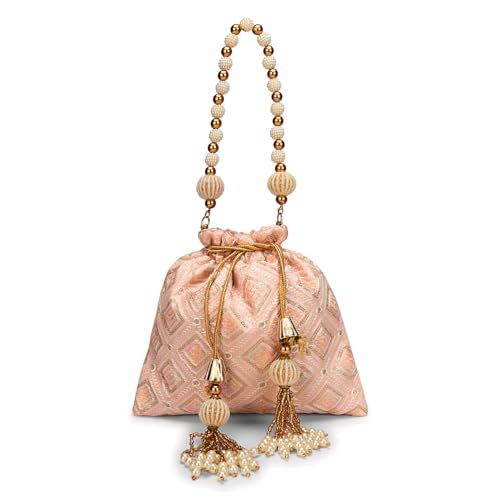 Image of LONGING TO BUY Indian Embroidered Pearl Potli Bag For Women, Sequence Design with Tassel, Wedding Potli Bags
