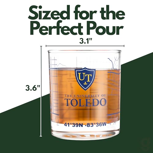 Image of Greenline Goods University of Toledo Rockets Whiskey Glasses Set of 2, 10 oz Rocks Glasses with Full-Color Logo & Campus Map - Officially Licensed Bourbon Glass Gift for Alumni & Fans