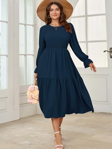 Image of SHESTARR Women's Plus Size Dress Long Sleeve Crewneck Smocked Tiered Flowy Boho Wedding Party Maxi Dresses