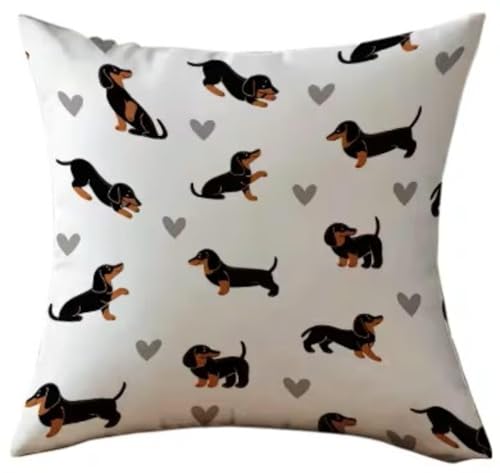 Generisch Dackel Kissenhülle 40x40 cm - Süßes Hunde Motiv - Deko Kissenbezug für Hundeliebhaber & Dackelfreunde - Weiß mit Reißverschluss - 100% Polyester Deko MU L346