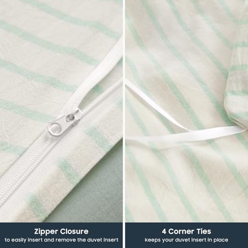 Image of Wake In Cloud - Striped Cotton Duvet Cover Set, Ticking Stripe Vertical Pinstripe Farmhouse, 100% Washed Cotton Textured Bedding Set, 3 Pieces, Aqua White, Full Size