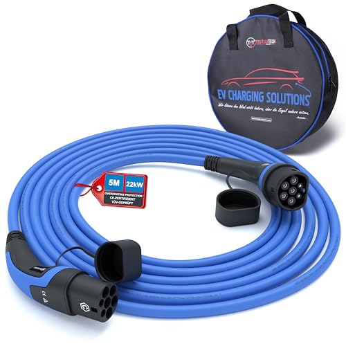 TEUTSCHTECH, Typ 2 Ladekabel für Elektroauto oder PHEV | 22kW | 3-phasig 32A | Mode 3 | 5.0 m | Typ 2 - Typ 2 | Temperaturüberwacht | Sicher Laden und Schutz vor Brand | Blau