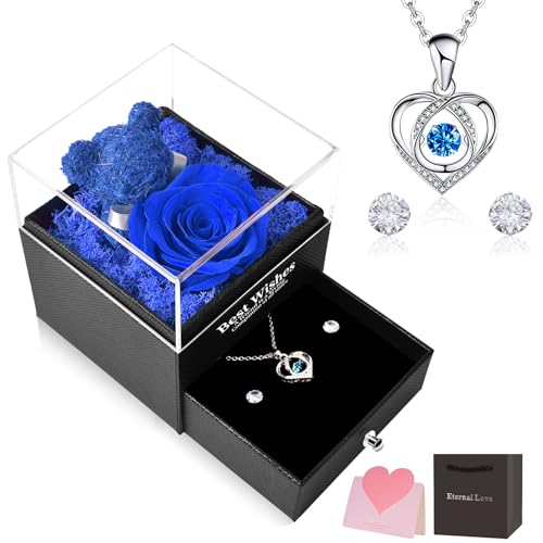 Rosa Eterna, CSYY Caja de Regalo de Rosa Real Natural Preservada con Collar de Corazón y Aretes de Botón Regalo Mujer Novia Madre Aniversario San Valentin Dia de la Madre Navidad Azul Rosa Eterna, CSYY Caja de Regalo de Rosa Real Natural Preservada con Collar de Corazón y Aretes de Botón Regalo Mujer Novia Madre Aniversario San Valentin Dia de la Madre Navidad Azul